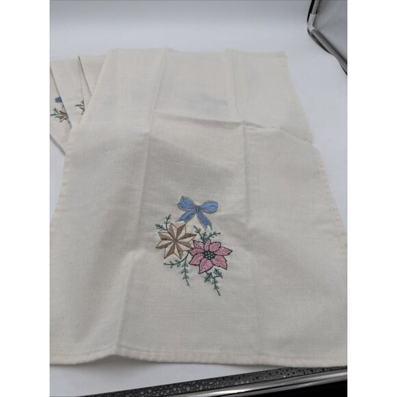 Vintage Ivory Cloth Napkins Cotton Set 7 Floral Bow Embroidered Tea Towels - Picture 3 of 5